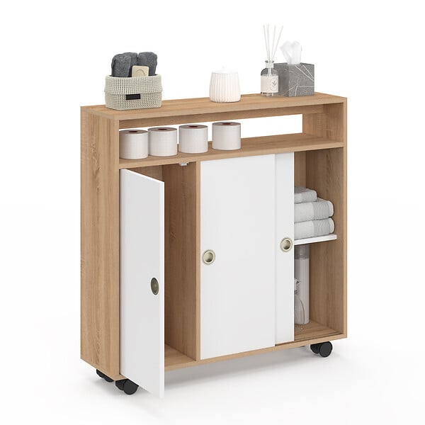 ID MARKET - Armoire d'appoint meuble de rangement à roulettes salle de bain TOMI structure hêtre plateau blanc - large
