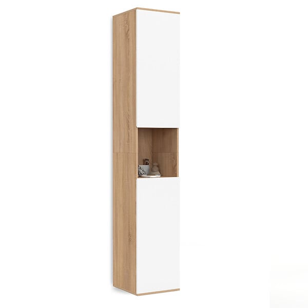 ID MARKET - Meuble colonne salle de bain suspendu TOMI 2 portes 1 niche façon hêtre et blanc - large