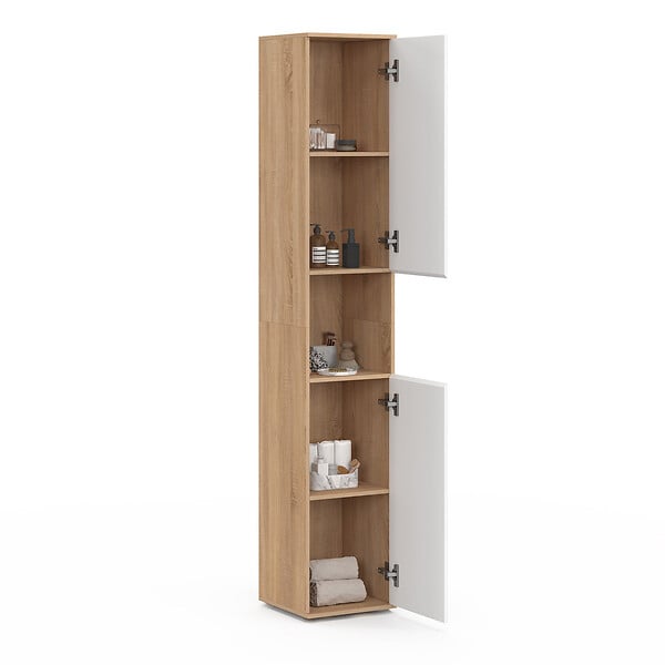 ID MARKET - Meuble colonne salle de bain suspendu TOMI 2 portes 1 niche façon hêtre et blanc - large