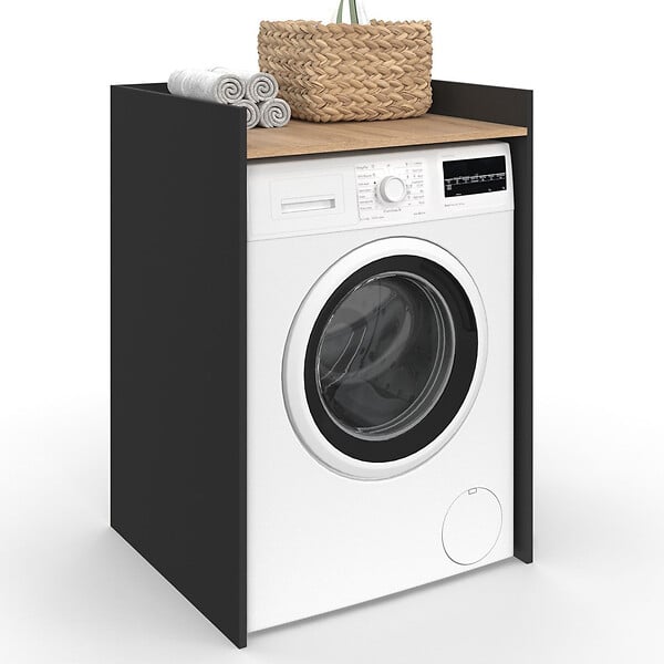 ID MARKET - Meuble armoire pour machine à laver ou sèche linge WALLIS noir et hêtre - large