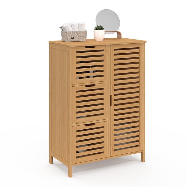 ID MARKET - Meuble de rangement salle de bain bambou BEA 3 tiroirs avec placard - large