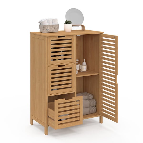 ID MARKET - Meuble de rangement salle de bain bambou BEA 3 tiroirs avec placard - large