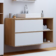 ID MARKET - Meuble sous vasque suspendu salle de bain TOMI 2 tiroirs et 2 niches façon hêtre et blanc - vignette