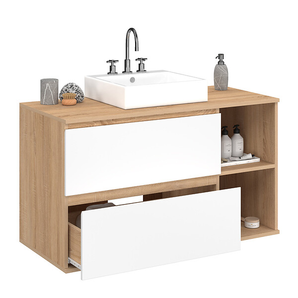ID MARKET - Meuble sous vasque suspendu salle de bain TOMI 2 tiroirs et 2 niches façon hêtre et blanc - large