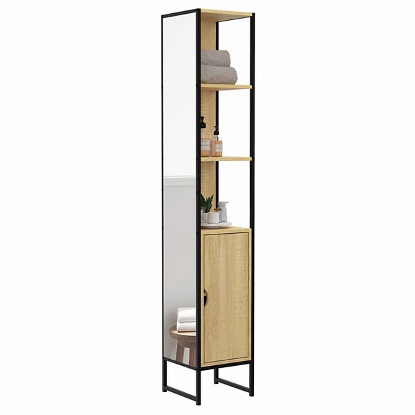 ID MARKET - Meuble colonne salle de bain DETROIT 1 porte avec miroir et étagères design industriel - large
