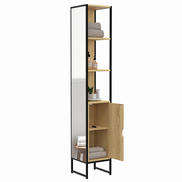 ID MARKET - Meuble colonne salle de bain DETROIT 1 porte avec miroir et étagères design industriel - large
