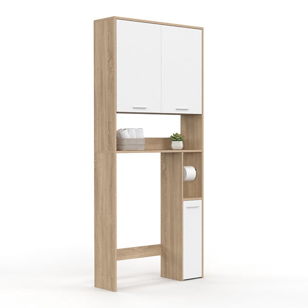 ID MARKET - Meuble étagère dessus WC WALLIS bois façon hêtre et blanc - large