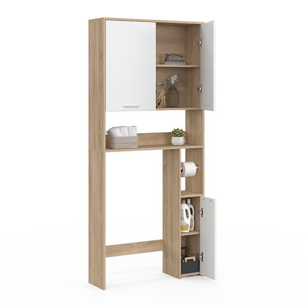 ID MARKET - Meuble étagère dessus WC WALLIS bois façon hêtre et blanc - large