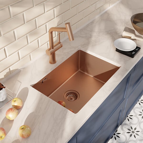 CERAMIA - Timeless 55x45x21 cm évier sous plan en inox 304 + mitigeur inox avec douchette extractible, cuivre brossé (TMLKSU-5545BCP-M1) - large