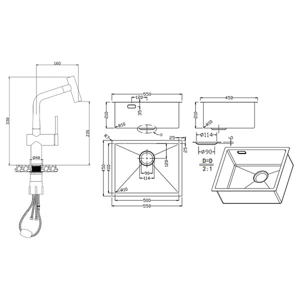 CERAMIA - Timeless 55x45x21 cm évier sous plan en inox 304 + mitigeur inox avec douchette extractible, cuivre brossé (TMLKSU-5545BCP-M1) - large