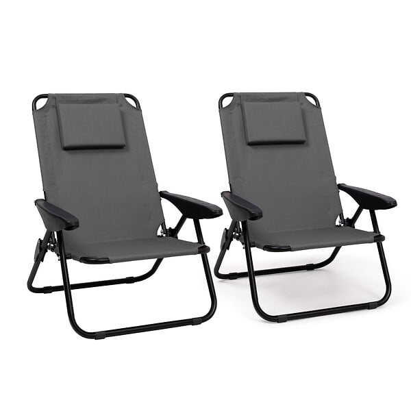 ID MARKET - Lot de 2 chaises de plage pliantes - fauteuils de jardin inclinables sac à dos gris anthracite et toile grise - large