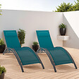 ID MARKET - Lot de 2 transats de jardin inclinables en acier HAVANE gris anthracite et toile bleu canard avec coussin - vignette