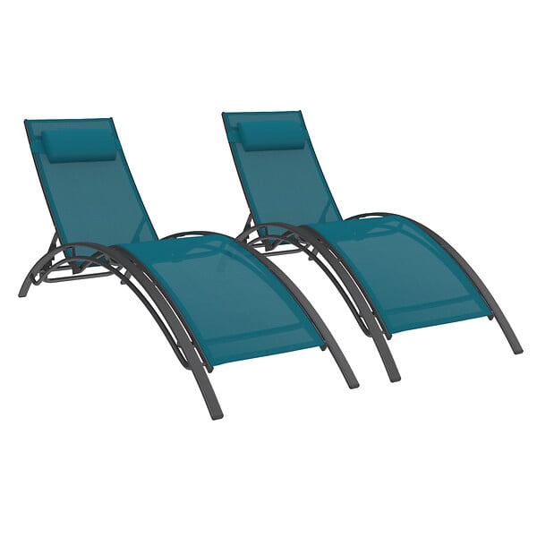 ID MARKET - Lot de 2 transats de jardin inclinables en acier HAVANE gris anthracite et toile bleu canard avec coussin - large