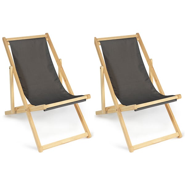 ID MARKET - Lot de 2 chaises longues pliantes chilienne bois toile gris anthracite - large