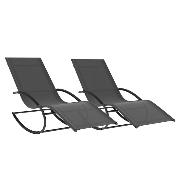 ID MARKET - Lot de 2 chaises longues - transat de jardin à bascule MALAWI gris anthracite et toile grise - large
