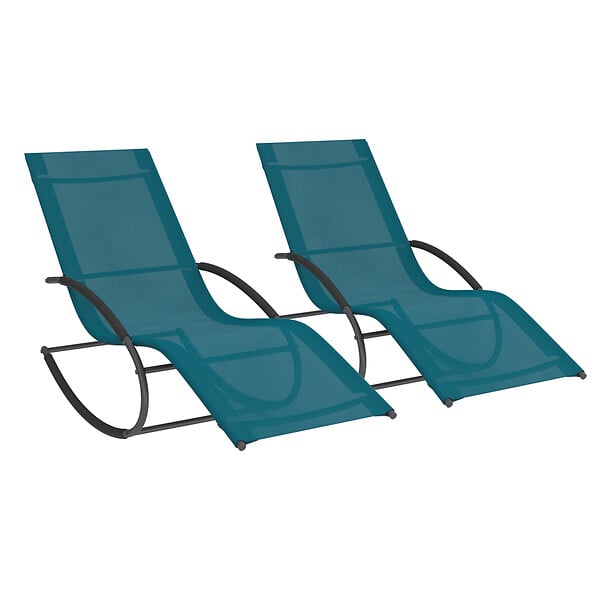 ID MARKET - Lot de 2 chaises longues - transat de jardin à bascule MALAWI gris anthracite et toile bleu canard - large