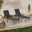 ID MARKET - Lot de 2 transats de jardin inclinables RIO en acier gris anthracite, cordage effet rotin avec accoudoirs et toile grise - vignette