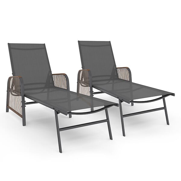 ID MARKET - Lot de 2 transats de jardin inclinables RIO en acier gris anthracite, cordage effet rotin avec accoudoirs et toile grise - large