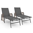 ID MARKET - Lot de 2 transats de jardin inclinables RIO en acier gris anthracite, cordage effet rotin avec accoudoirs et toile grise - vignette