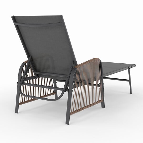 ID MARKET - Lot de 2 transats de jardin inclinables RIO en acier gris anthracite, cordage effet rotin avec accoudoirs et toile grise - large