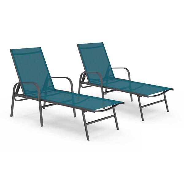 ID MARKET - Lot de 2 transats de jardin inclinables FIDJI en acier gris anthracite et toile bleu canard - large