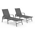 ID MARKET - Lot de 2 transats de jardin inclinables FIDJI en acier gris anthracite et toile grise - vignette