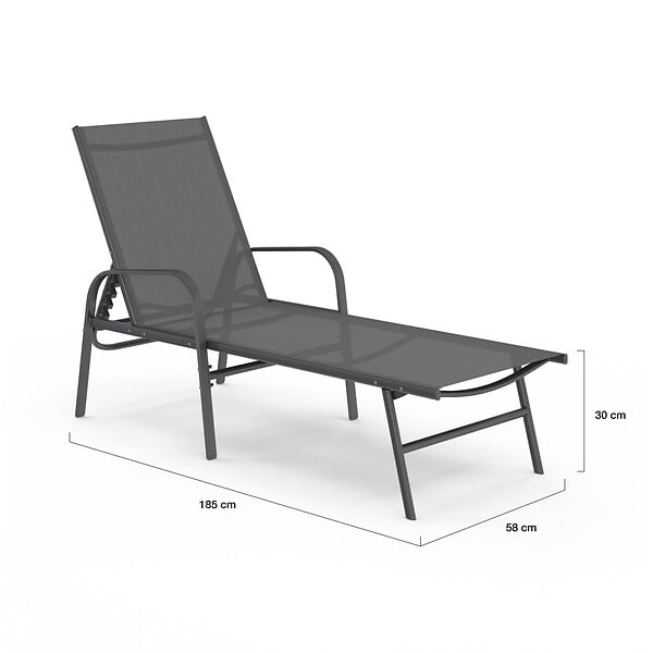 ID MARKET - Lot de 2 transats de jardin inclinables FIDJI en acier gris anthracite et toile grise - large