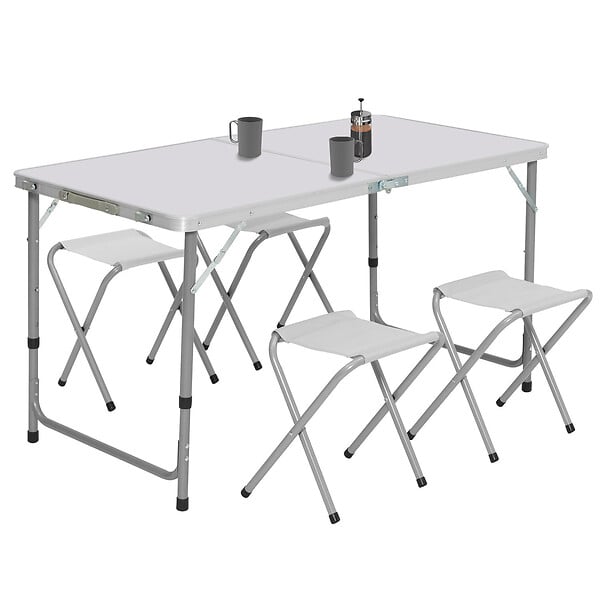 ID MARKET - Table de camping pliante réglable en hauteur 120 cm et 4 tabourets blanc - large