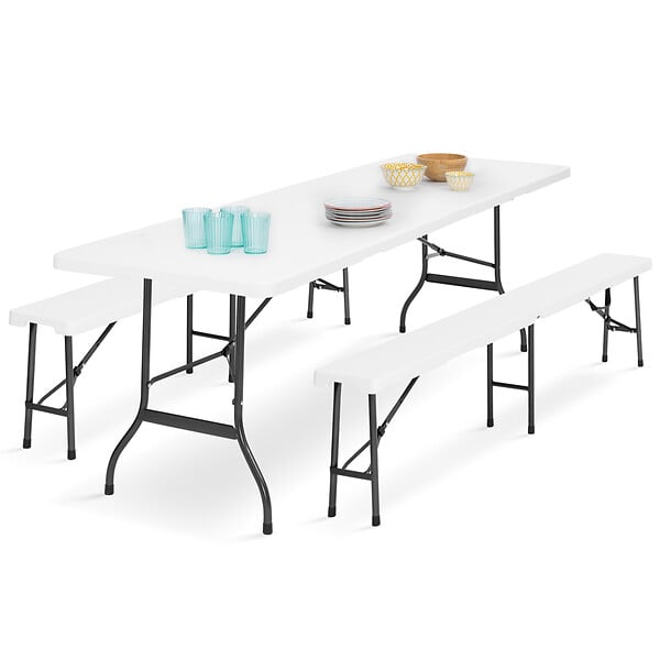 ID MARKET - Table pliante d'appoint portable 180 cm et 2 bancs pliables pour camping ou réception - large