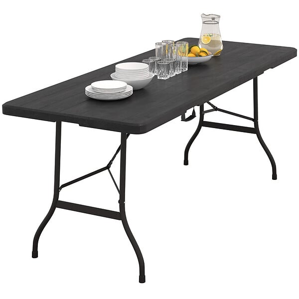 ID MARKET - Table pliante d'appoint portable 180 cm pour camping ou réception imitation bois noir - large