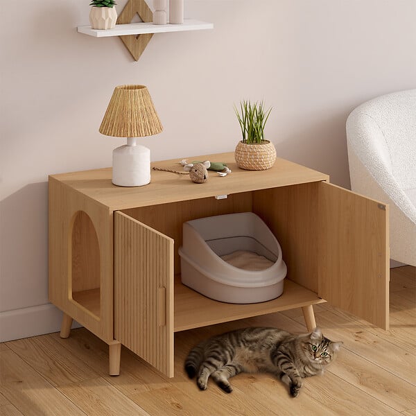 ID MARKET - Maison de toilette chat cache-litière JULIETTE avec doubles portes lattes tasseau bois coloris chêne - large