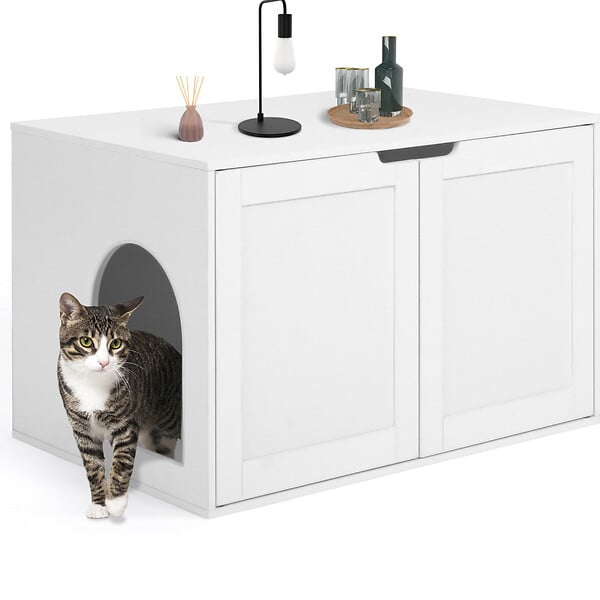 ID MARKET - Maison de toilette chat cache-litière avec doubles portes blanc - large