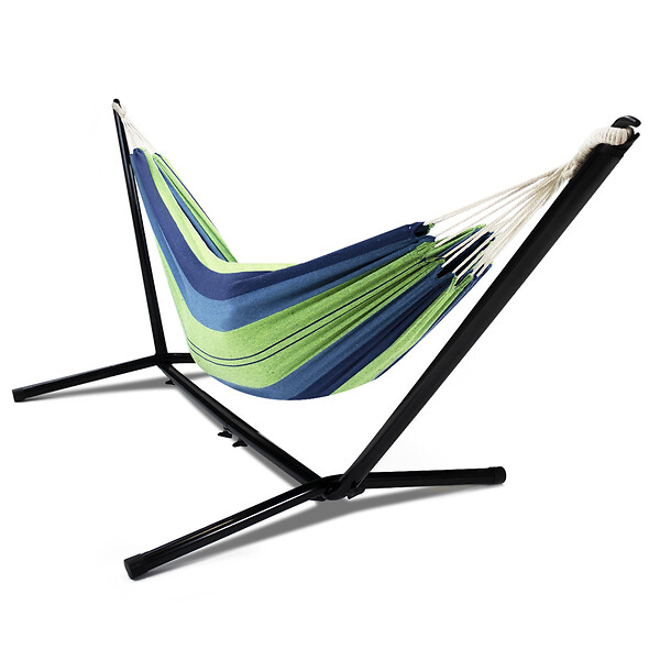ID MARKET - Hamac avec support métal noir et toile rayée bleue et verte - large