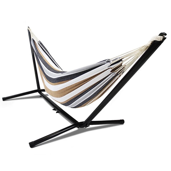 ID MARKET - Hamac avec support métal noir et toile rayée noire, blanche et chocolat - large