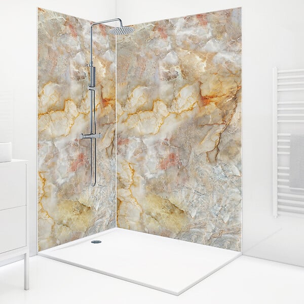 99DECO - Lot de 2 panneaux de douche en PVC (90x220 & 120x220 cm) + profilés blanc - Gémologie - Effet pierre marbrée - Beige et gris - large