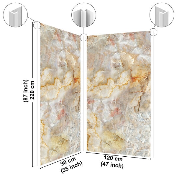 99DECO - Lot de 2 panneaux de douche en PVC (90x220 & 120x220 cm) + profilés blanc - Gémologie - Effet pierre marbrée - Beige et gris - large
