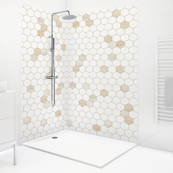 99DECO - Lot de 2 panneaux de douche en PVC (90x220 & 120x220 cm) + profilés blanc - Mix Hexa Travertin - Effet pierre - large
