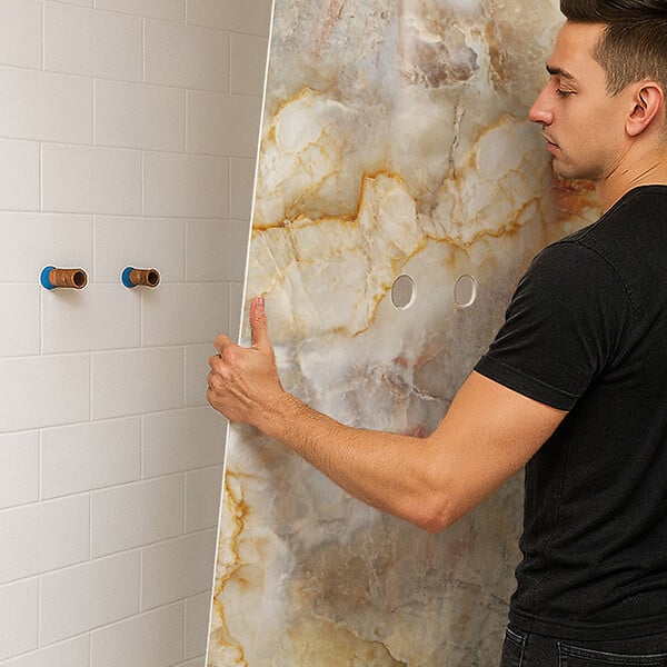99DECO - Lot de 2 panneaux de douche en aluminium (90x220 & 120x220 cm) + profilés blanc - Gémologie - Effet pierre marbrée - Beige et gris - large
