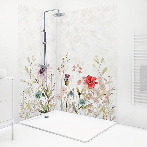 99DECO - Lot de 2 panneaux de douche en PVC (90x220 & 120x220 cm) + profilés blanc - Herbier - Motif floral aquarelle - Multicouleurs - large