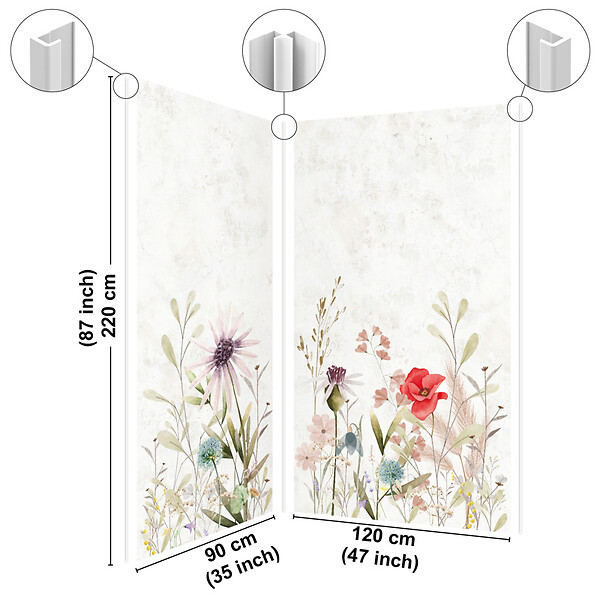 99DECO - Lot de 2 panneaux de douche en PVC (90x220 & 120x220 cm) + profilés blanc - Herbier - Motif floral aquarelle - Multicouleurs - large