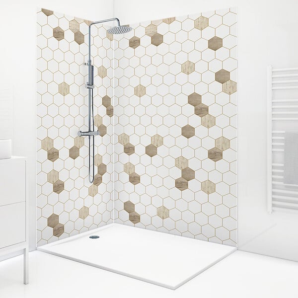 99DECO - Lot de 2 panneaux de douche en PVC (90x220 & 120x220 cm) + profilés blanc - Mix Hexa Bois - Effet bois et pierre - large