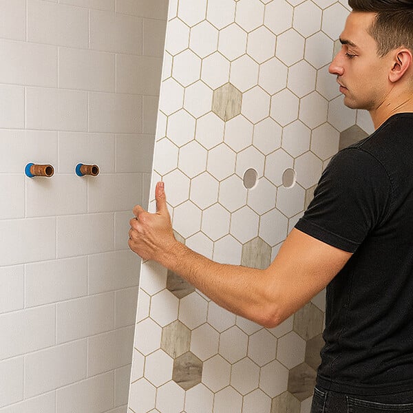 99DECO - Lot de 2 panneaux de douche en PVC (90x220 & 120x220 cm) + profilés blanc - Mix Hexa Bois - Effet bois et pierre - large