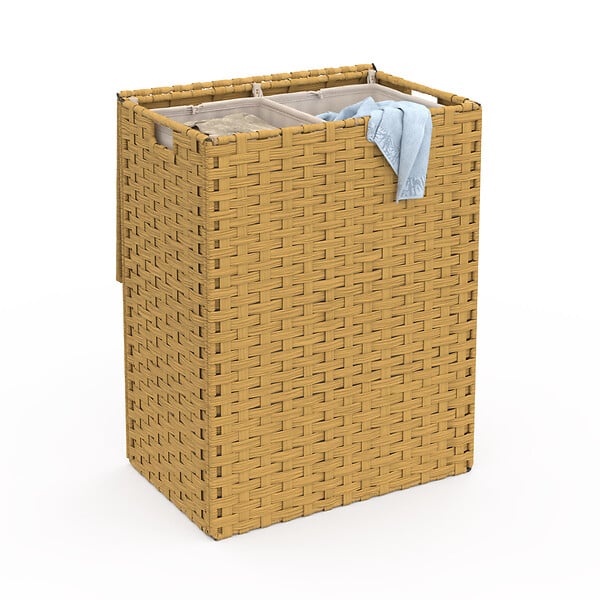 ID MARKET - Panier à linge 2 bacs effet rotin ALVIN tissu écru - large