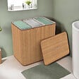 ID MARKET - Panier à linge 3 bacs amovibles bambou ALBA tissu écru - vignette
