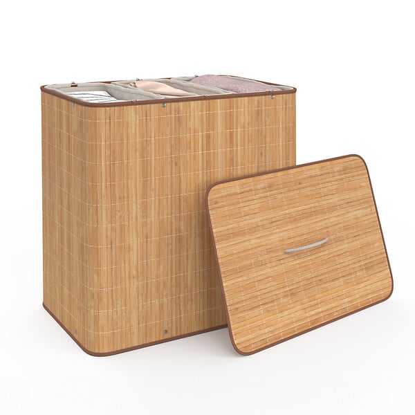 ID MARKET - Panier à linge 3 bacs amovibles bambou ALBA tissu écru - large