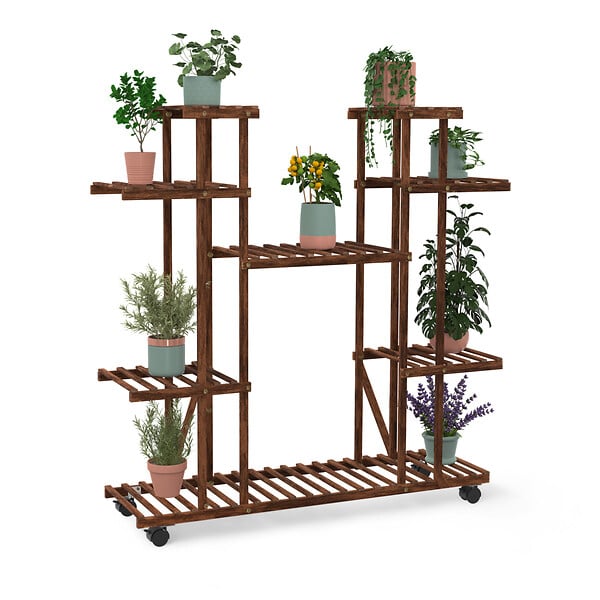 ID MARKET - Etagère à pots de fleurs porte plante en bois 8 niveaux à roulettes - large