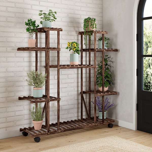 ID MARKET - Etagère à pots de fleurs porte plante en bois 8 niveaux à roulettes - large