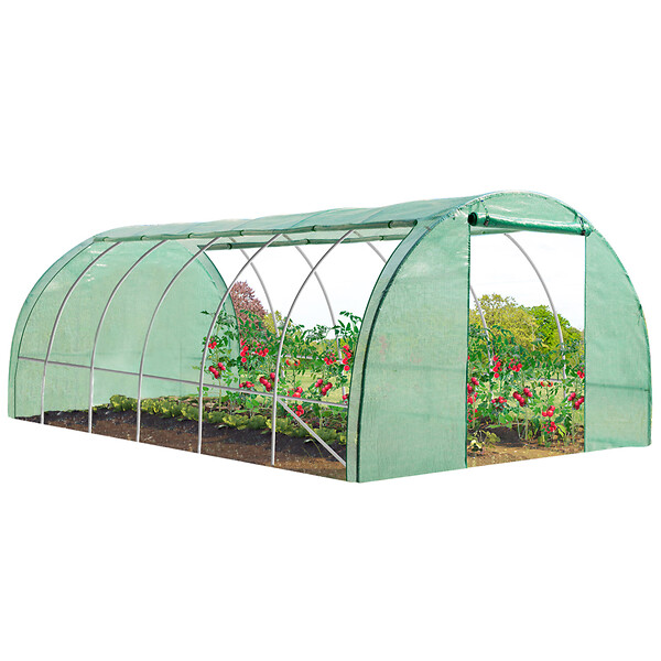ID MARKET - Serre de jardin tunnel 18m² 6 x 3 x 2 m acier galvanisé + bâche anti-UV avec porte et fenêtres CRIMÉE verte toutes saisons - large