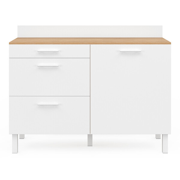 ID MARKET - Buffet bas de cuisine 120 cm casserolier CINA plan de travail H.83 cm 1 porte + 3 tiroirs façon hêtre et blanc - large