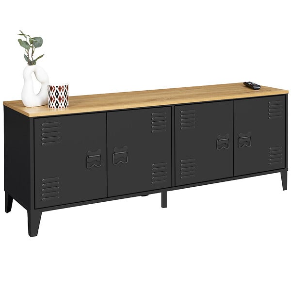 ID MARKET - Buffet bas 140 cm ESTER 4 portes métal noir et plateau bois design industriel - large